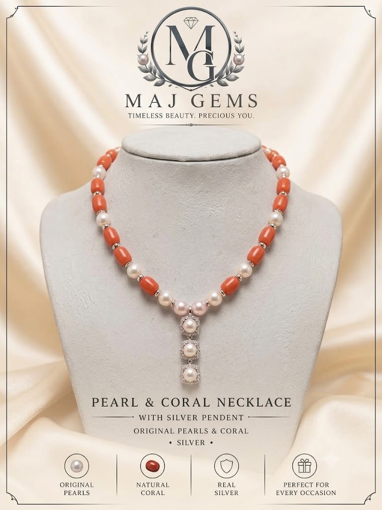 Natural Coral & Pearl Necklace with Silver Pendant