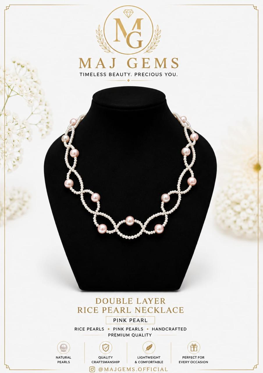 Wave-Pattern Double Layer Rice Pearl Necklace with Pink Pearls