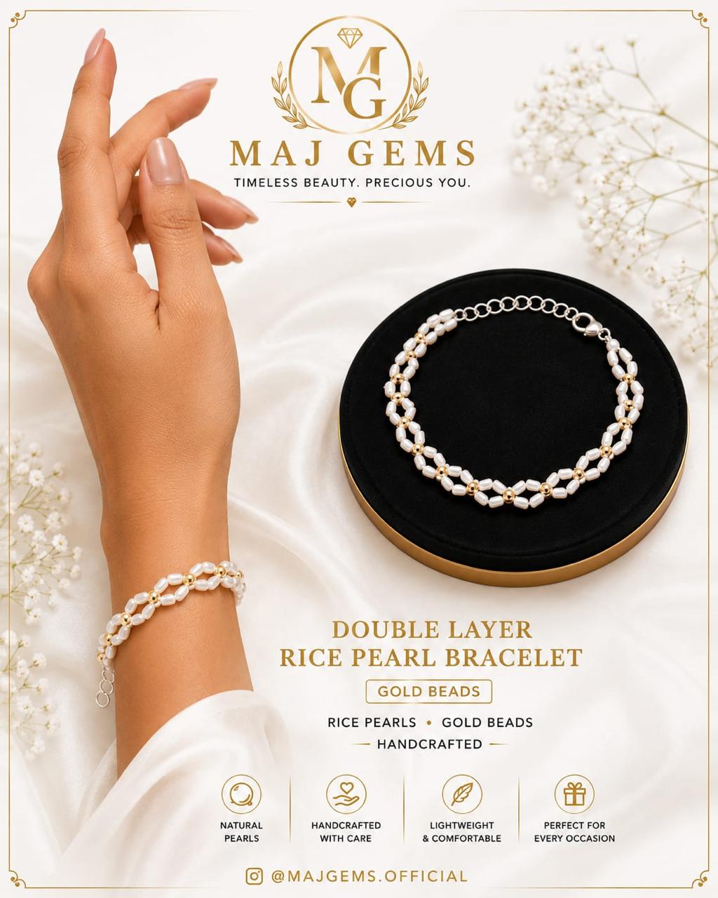 Woven Double-Layer Rice Pearl Bracelet with Gold Accents