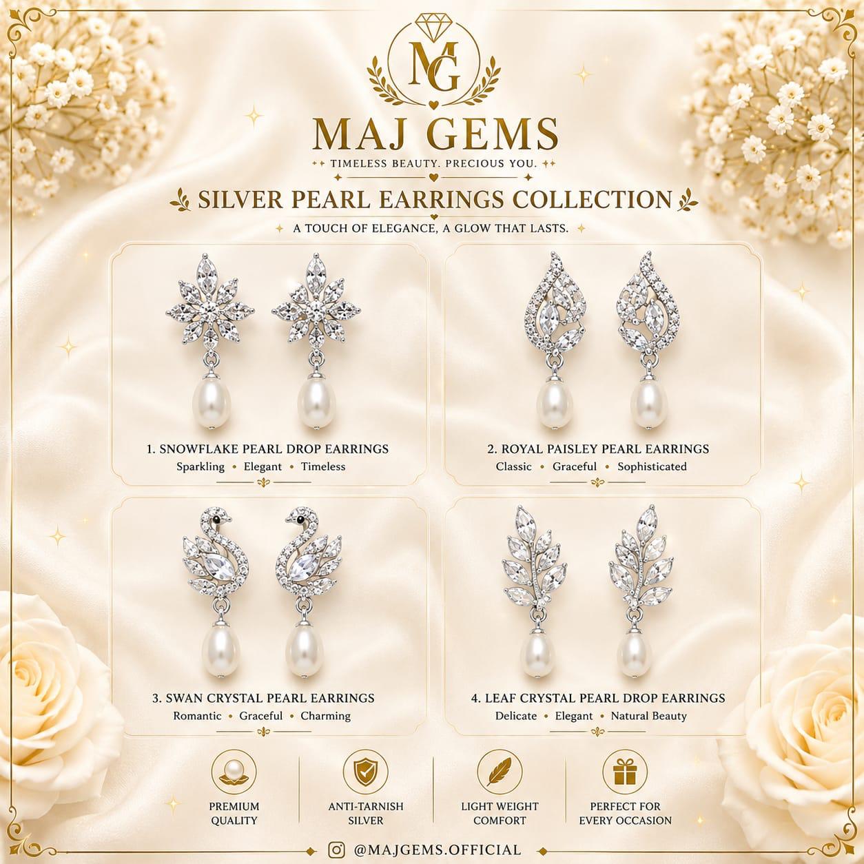 Majestic Silver & Crystal Pearl Drop Earrings Collection