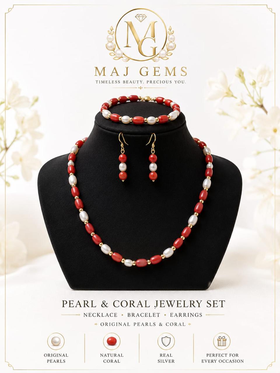 Natural Coral & Pearl Jewelry Set