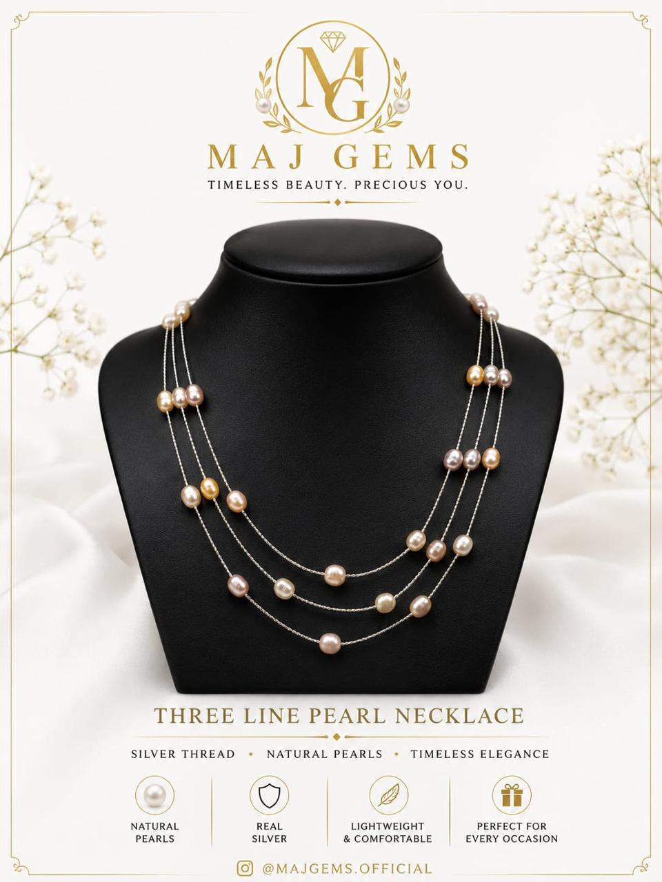Multi-Color Three-Line Pearl Necklace (Silver Thread)