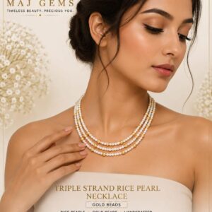 Majestic Triple-Strand Rice Pearl Necklace with Real Gold Beads