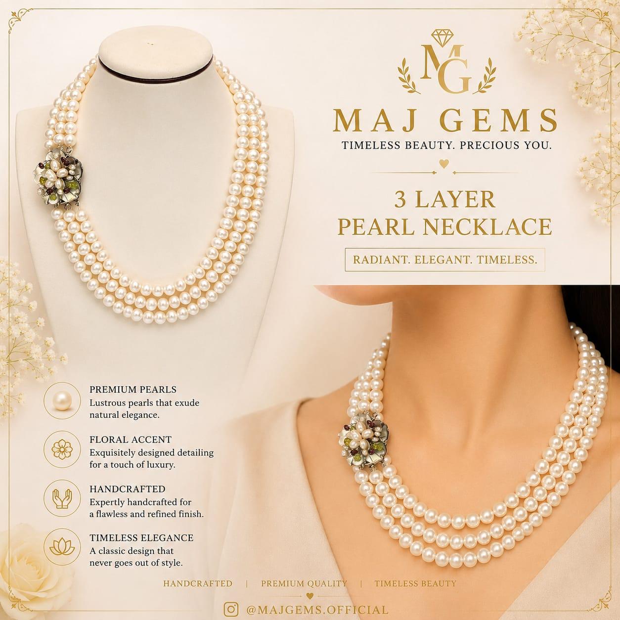 Imperial 3-Layer Pearl Statement Necklace with Floral Side Accent